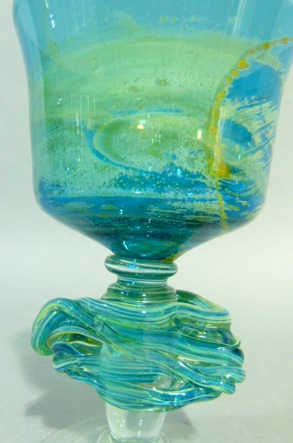 A Mdina large glass goblet of blue, green and yellow colour, the inverted bell shaped bowl on a - Image 4 of 9