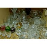 A quantity of cut and coloured glassware including miniature hocks, pedestal bowls , wines, sugar