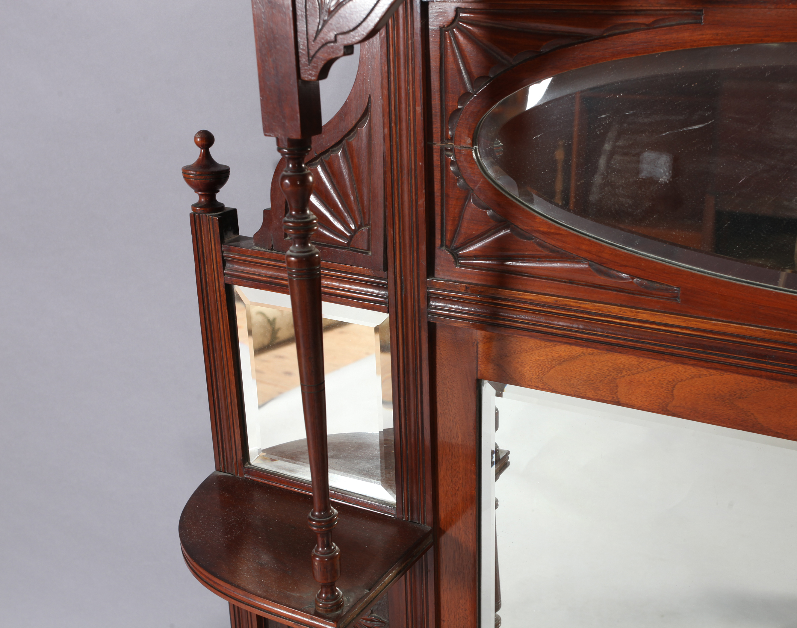 A Victorian mirror back overmantel with dental moulded cornice shelves and pillars, carved panels - Image 3 of 3