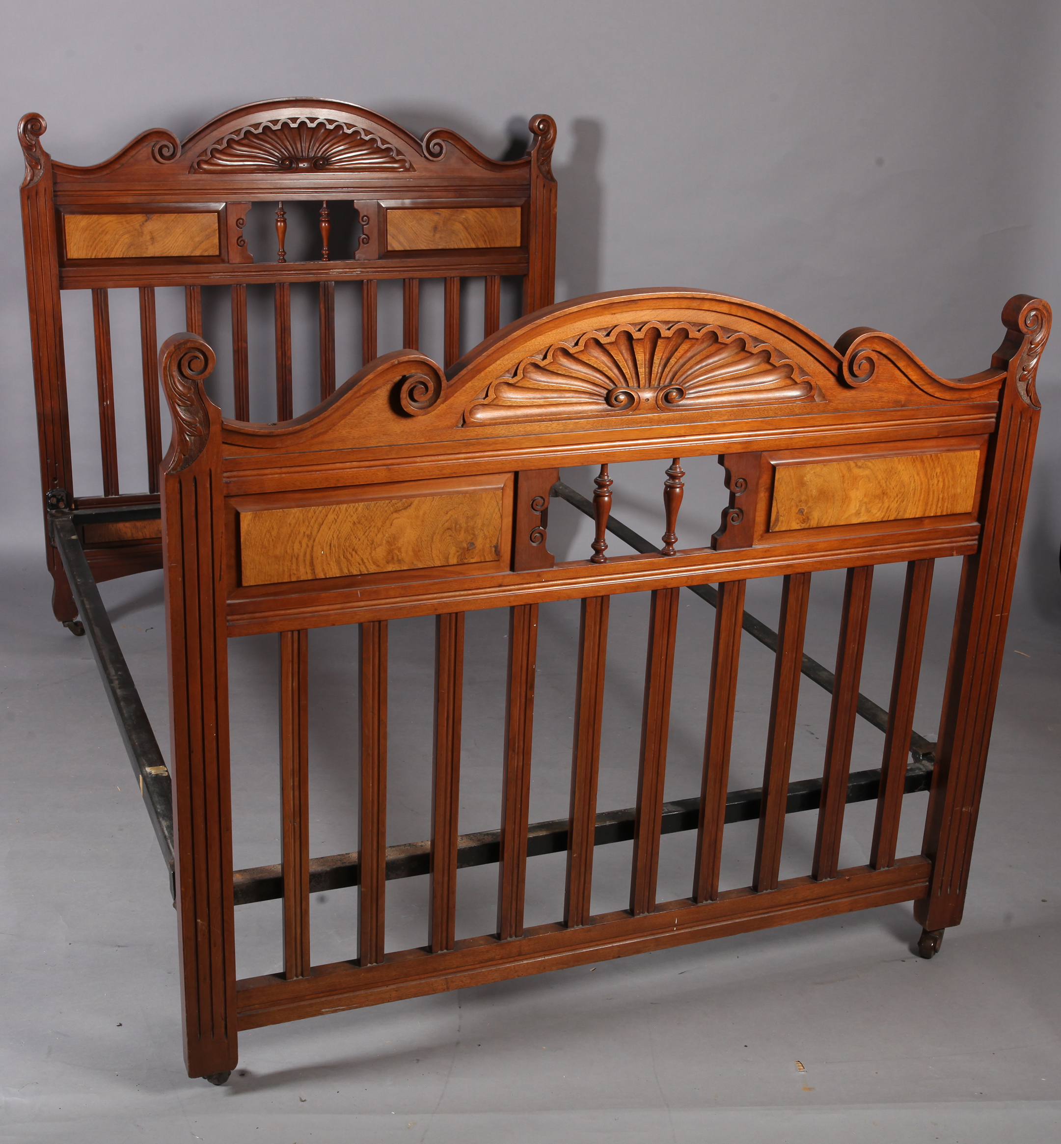 A Victorian walnut double bedstead with figured panels and railed headboard together with an - Image 6 of 6