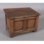 A reproduction oak top small slipper box with twin panelled front, stile feet, 48cm wide x 34cm high