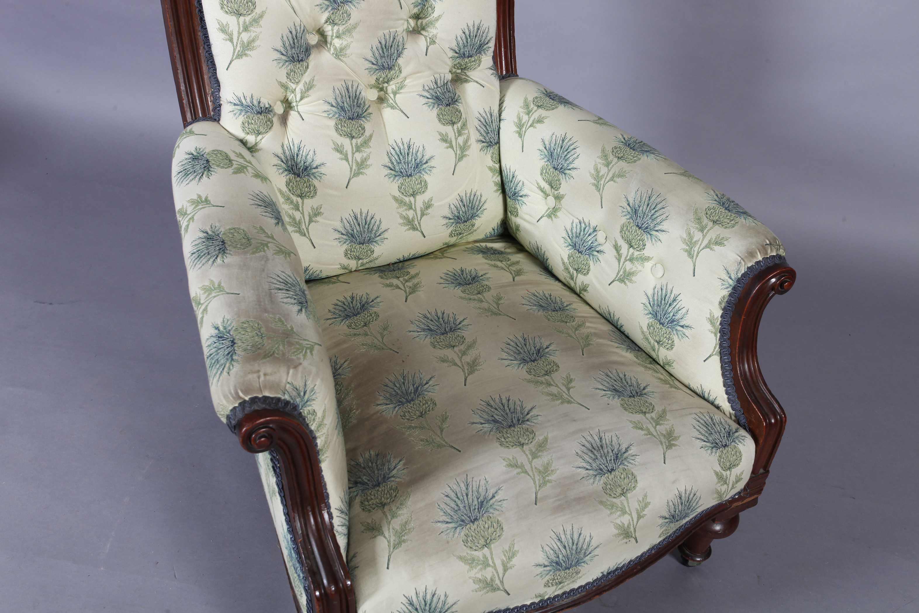 A Victorian mahogany framed elbow chair with upholstered scroll over back and arms, the bowed feet - Image 3 of 5