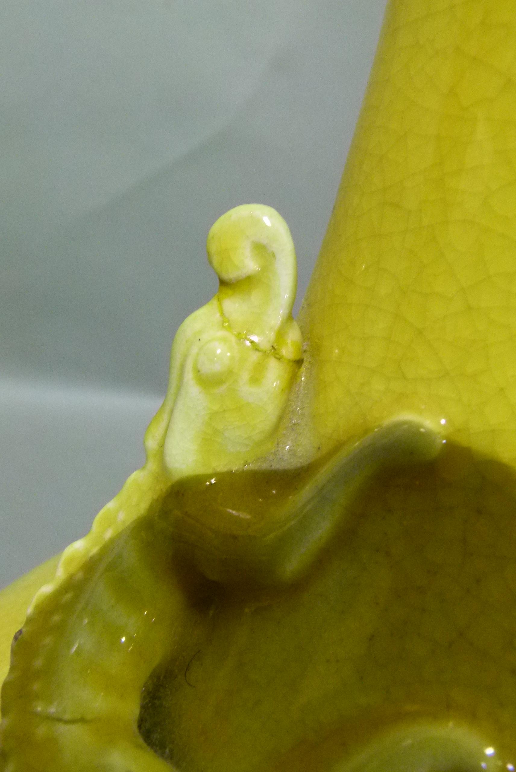 A Chinese crackle yellow glazed vase of baluster form with tall neck relief moulded with a pair of - Image 4 of 7