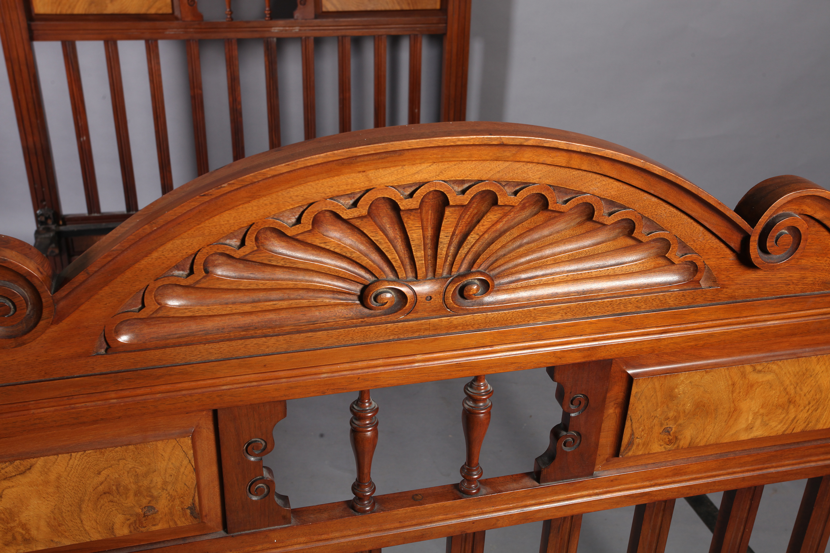 A Victorian walnut double bedstead with figured panels and railed headboard together with an - Image 2 of 6