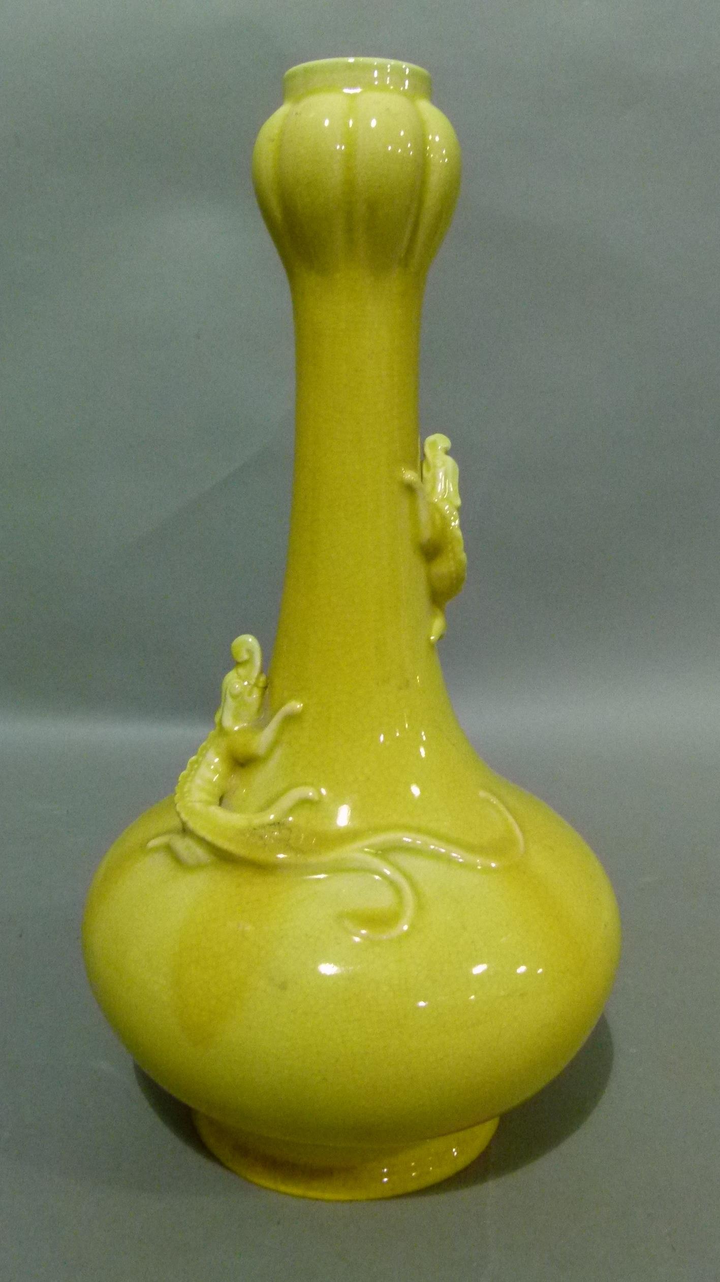 A Chinese crackle yellow glazed vase of baluster form with tall neck relief moulded with a pair of - Image 5 of 7