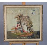 A 19th century gros and petit point needlework panel depicting a country girl and her beau, with