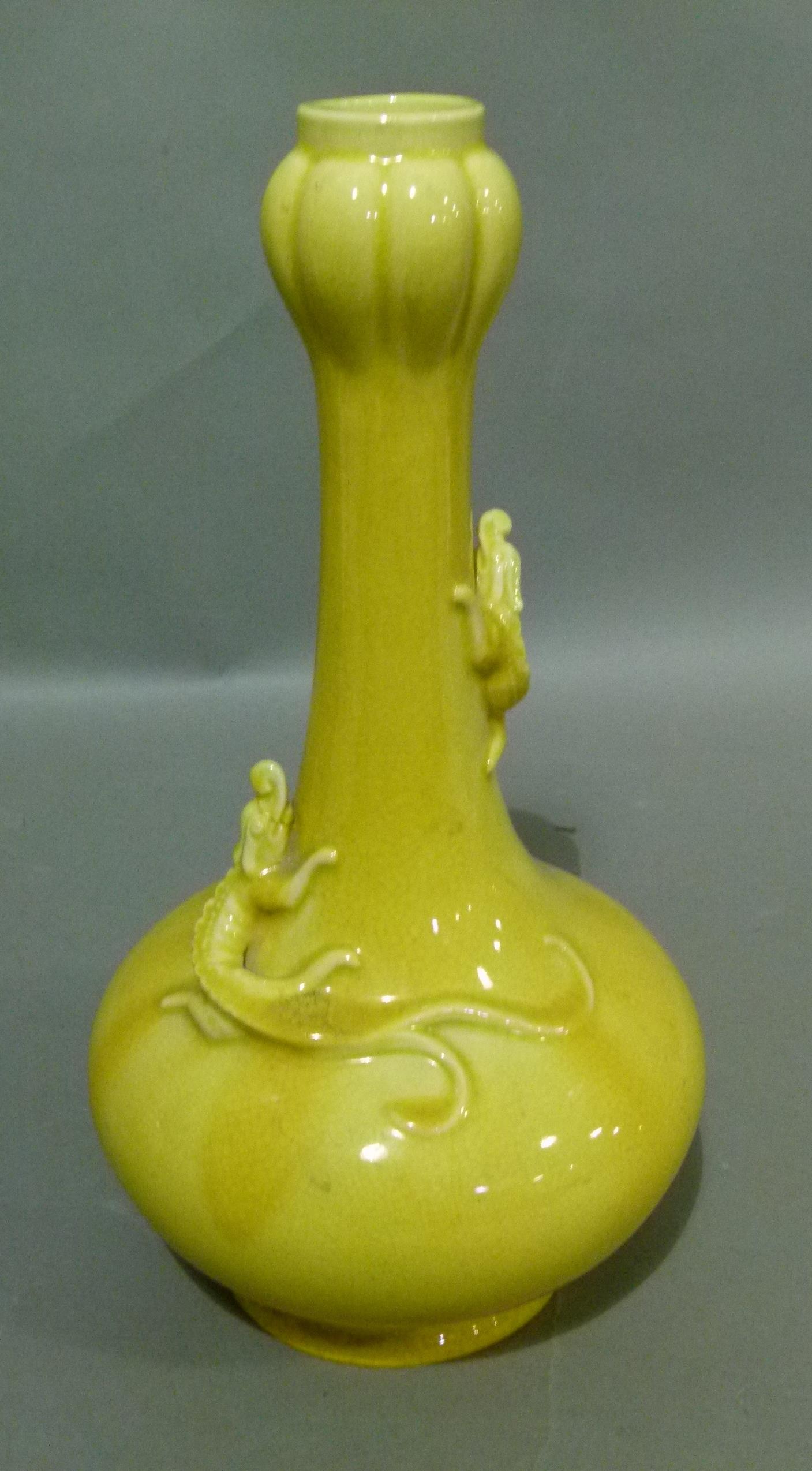 A Chinese crackle yellow glazed vase of baluster form with tall neck relief moulded with a pair of - Image 6 of 7