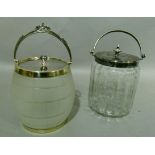 Two Edwardian glass biscuit barrels, one with vertical ribbing etched with ferns with EPNS mounts,