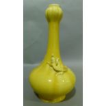 A Chinese crackle yellow glazed vase of baluster form with tall neck relief moulded with a pair of