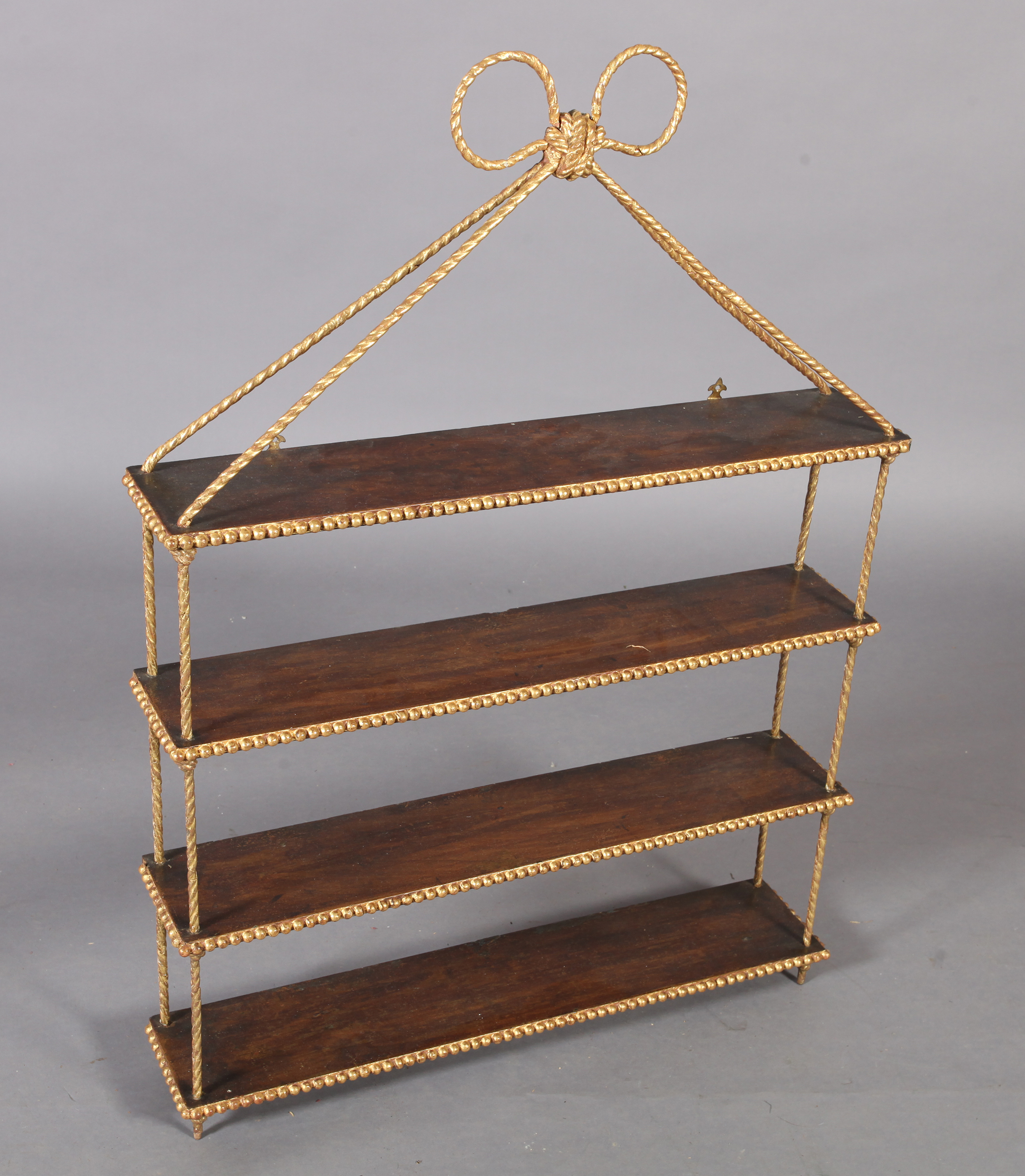 A set of mahogany painted wall shelves with gold painted beaded borders and faux rope twist supports - Image 2 of 4