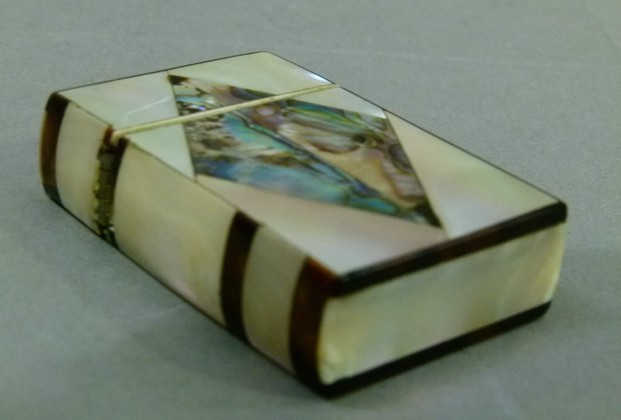 A 19th century miniature calling card case in mother-of-pearl, abalone and tortoiseshell, the