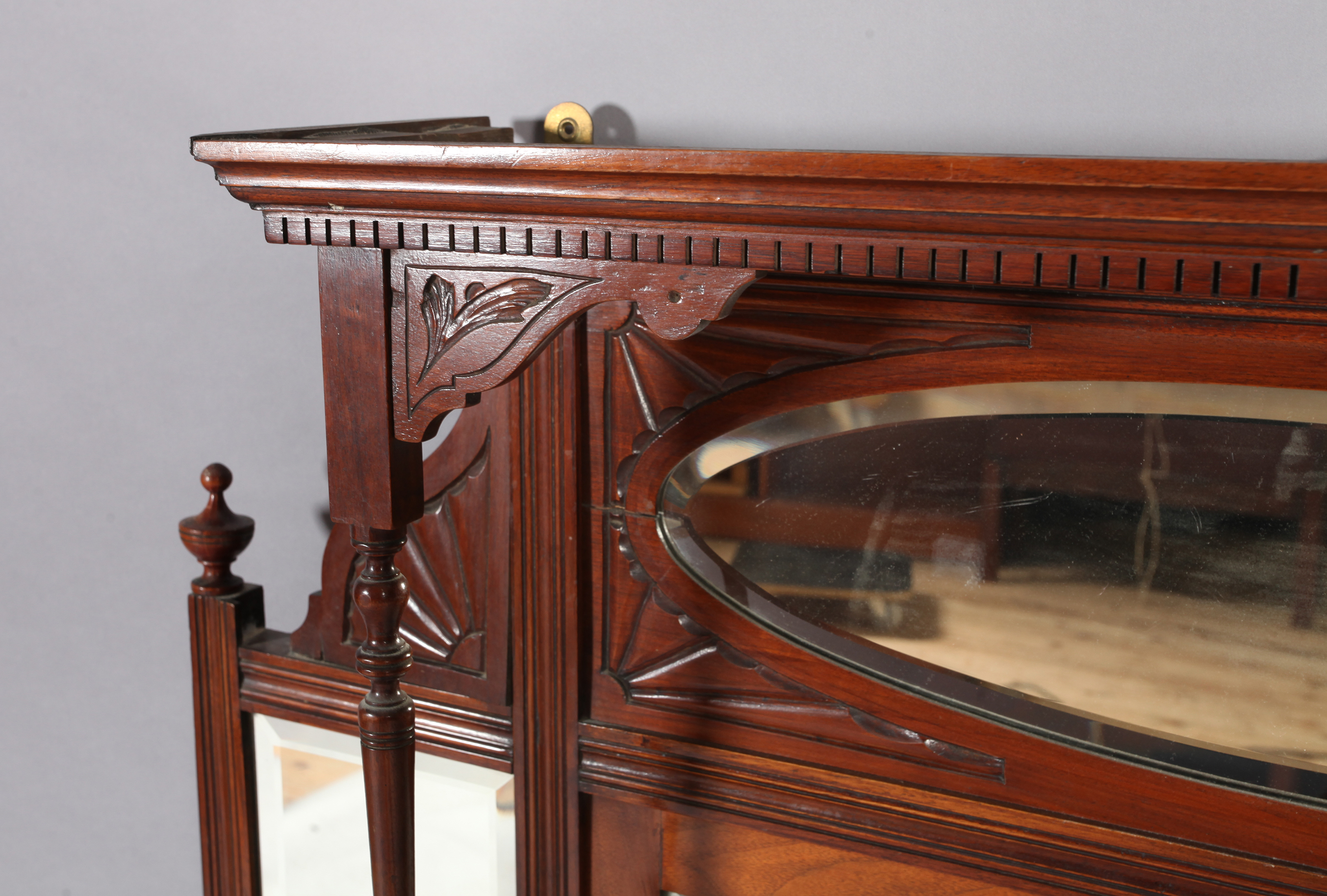 A Victorian mirror back overmantel with dental moulded cornice shelves and pillars, carved panels - Image 2 of 3