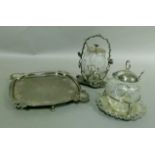 Two late Victorian glass and EPNS preserve pots and covers, each with spoon, one etched with