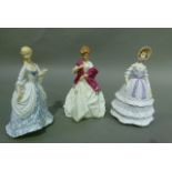 Three Royal Worcester china figures, First Dance, Crinoline and Invitation, the latter damaged,