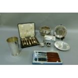 A collection of silver plated ware including a cased set of six pastry forks and server, rose bowl