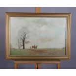 Farmer with plough team in an open landscape, oil on board, signed J Bottomley to lower right,