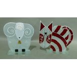 A Nobile Glassware white mottled and red glass cat profile, 23.5cm high; together with a sheep by