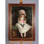 A Pears print of a young girl in white mop cap and dress with pink ribbon, 1879, 69cm x 47cm, oak