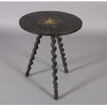 A Victorian black papier mache topped gypsy table on barley turned legs, top 50cm diameter