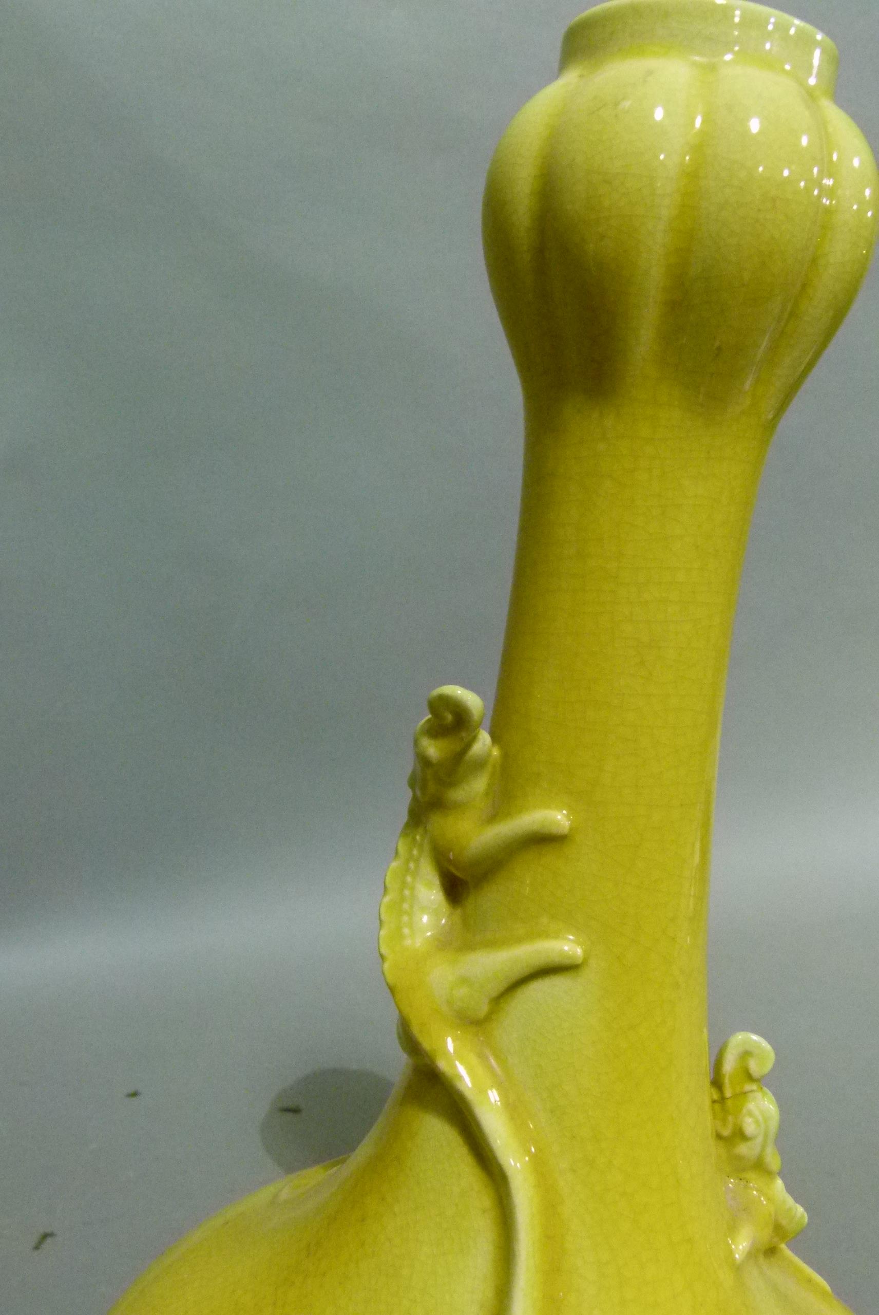 A Chinese crackle yellow glazed vase of baluster form with tall neck relief moulded with a pair of - Image 3 of 7