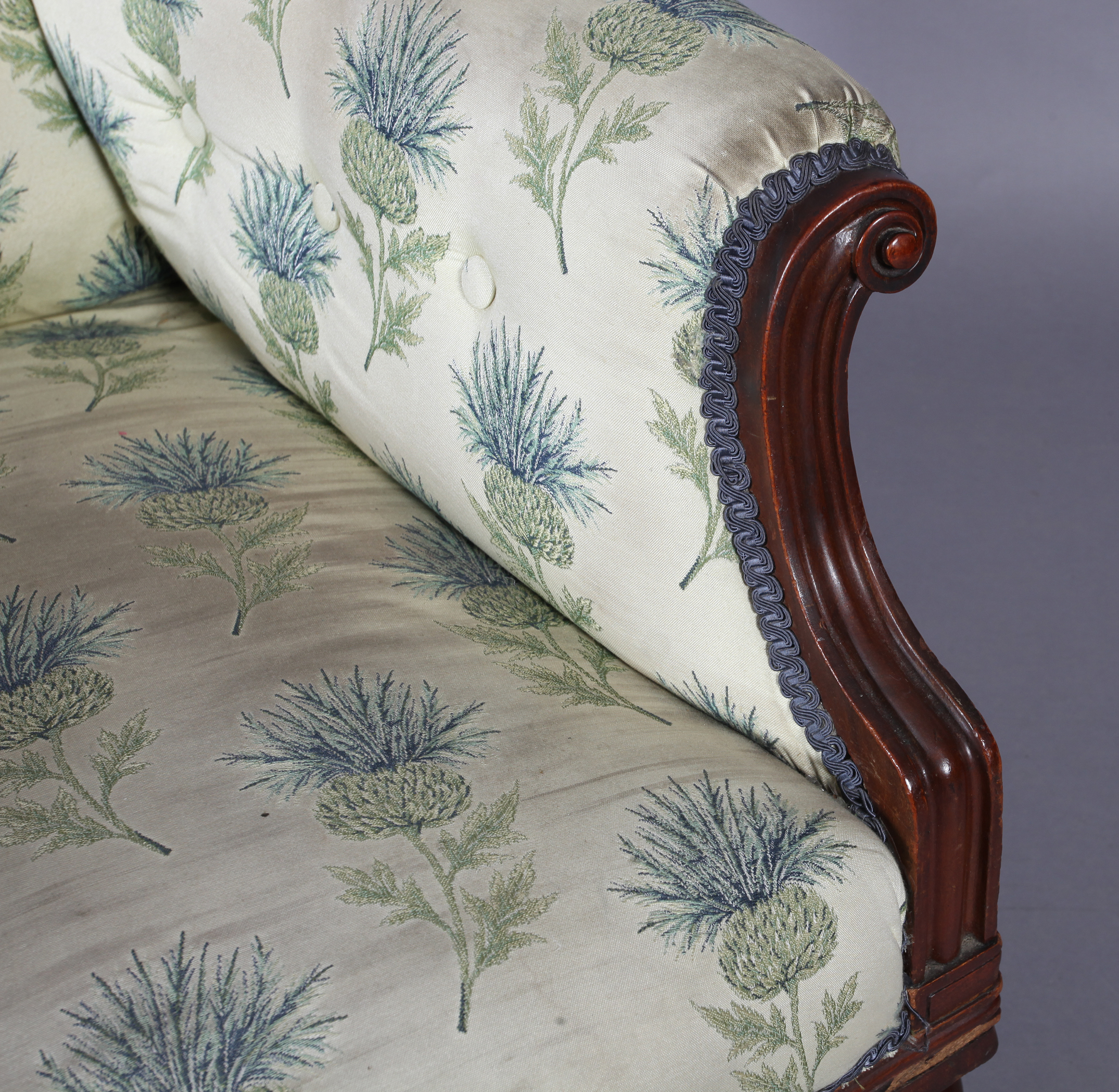 A Victorian mahogany framed elbow chair with upholstered scroll over back and arms, the bowed feet - Image 4 of 5