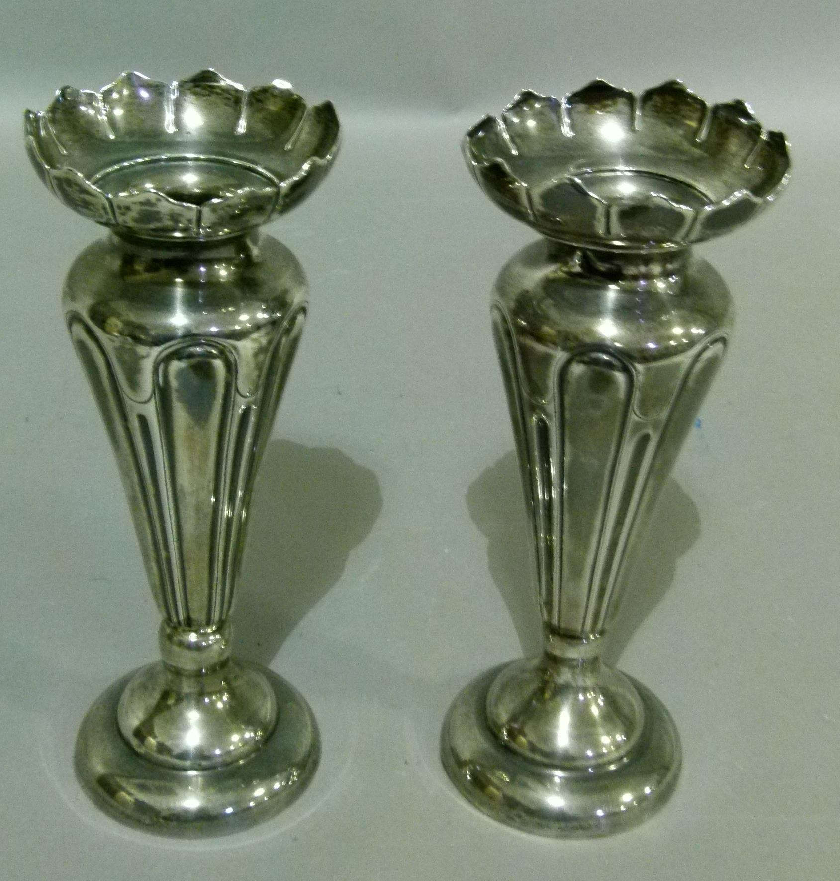 A pair of Edward VII spill vases with lappet frilled tops, the tapered panelled bodies on - Image 2 of 3