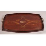 An Edwardian mahogany two-handled tray inlaid in satinwood and harewood with a fan patera to the