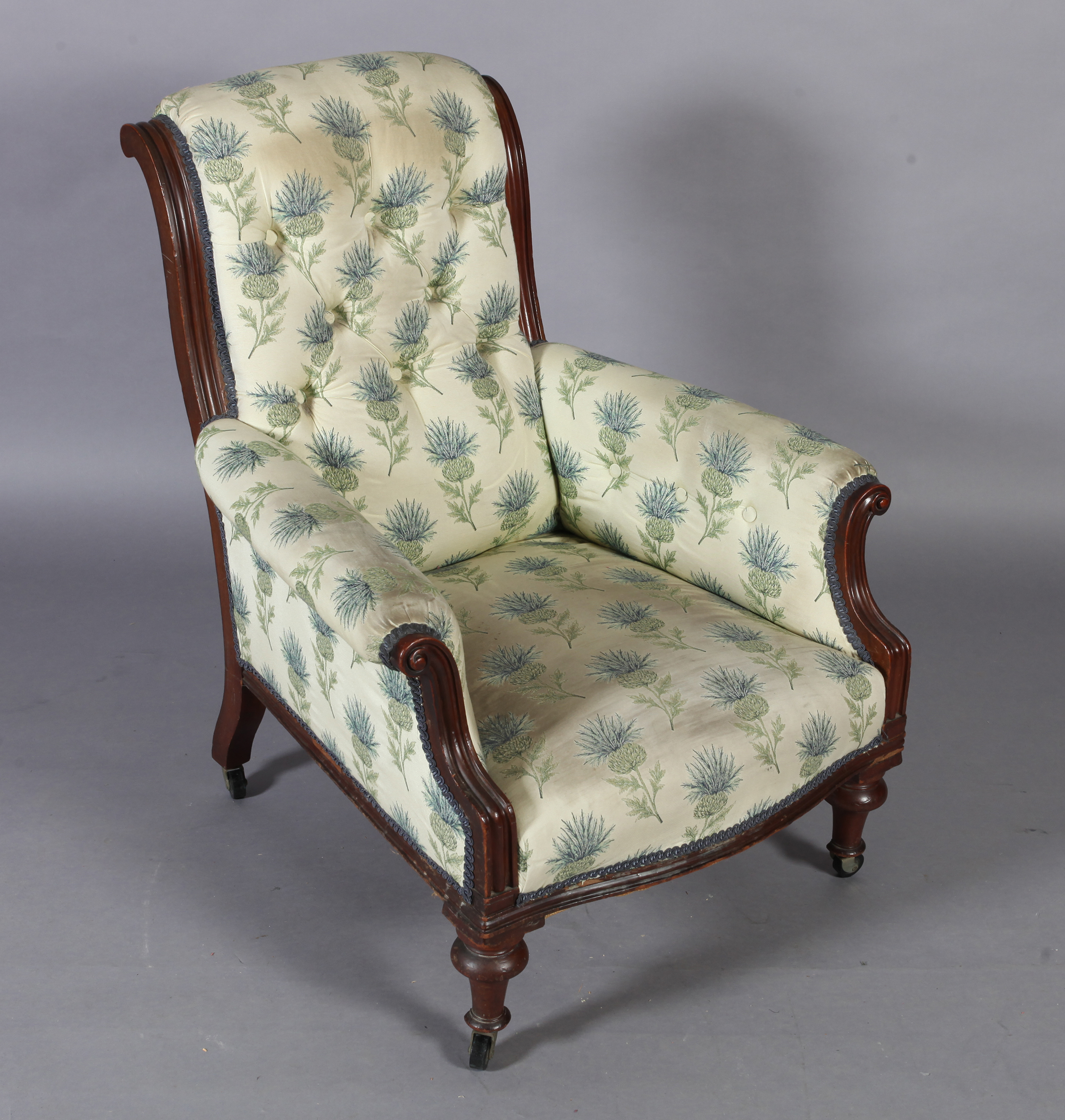 A Victorian mahogany framed elbow chair with upholstered scroll over back and arms, the bowed feet - Image 2 of 5