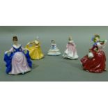 Five Royal Doulton miniature ladies including Autumn, Daydreams, Sara, Kirsty and Nicola, all boxed