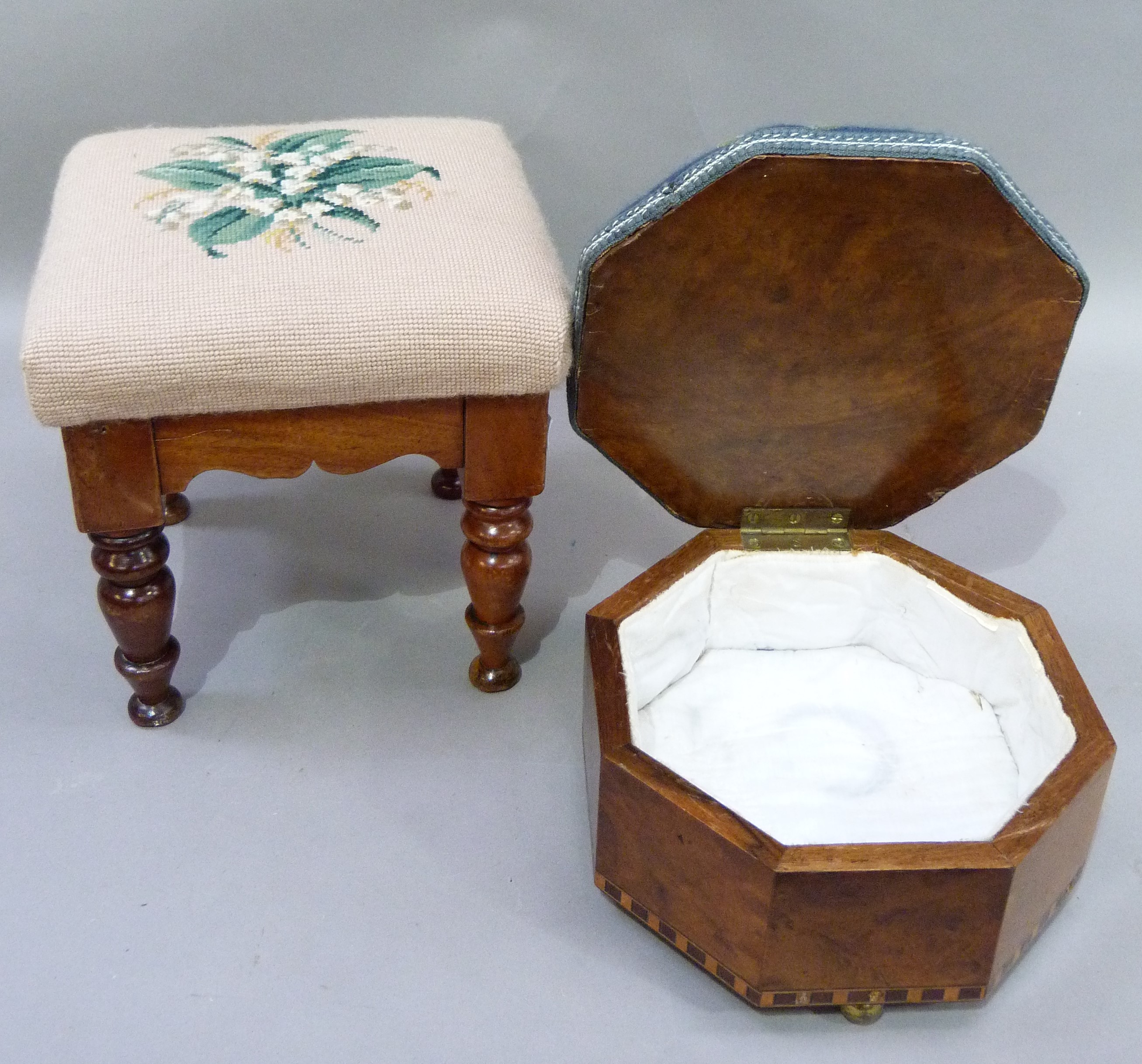 A Victorian stool of square outline on turned legs with later lily of the valley needlework cover, - Image 2 of 2