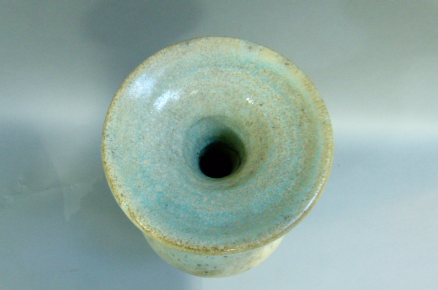 A baluster vase with everted rim, the raku glaze tinted from duck egg blue to turquoise. on circular - Image 3 of 4