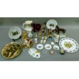 A horse and foal group, Royal Doulton terrier, three Hummel figures, ornamental shoes, a Ringtons