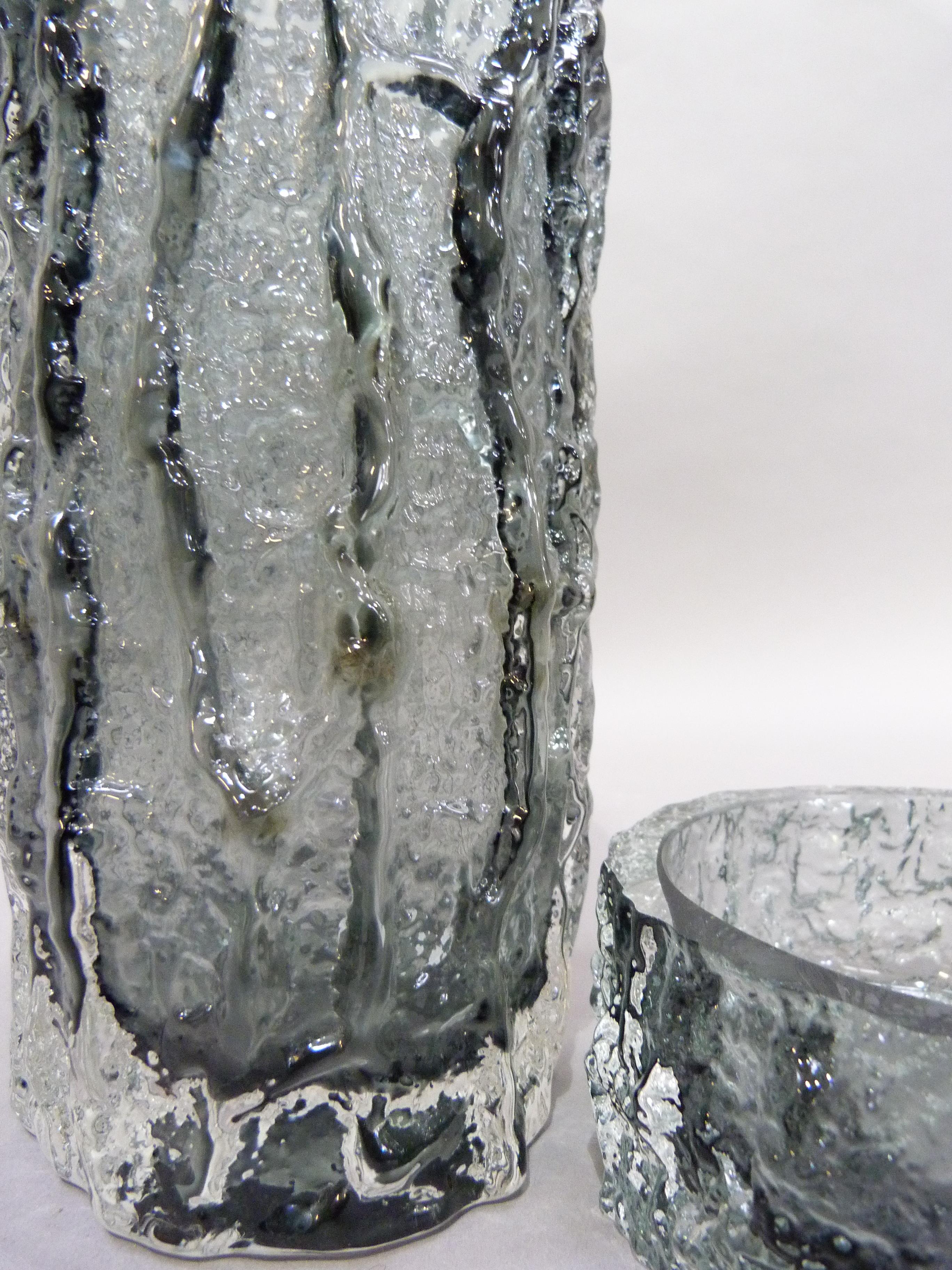 A Whitefriars, bark effect grey glass vase, cylindrical, 23cm H; together with a circular dish 5cm H - Image 2 of 2