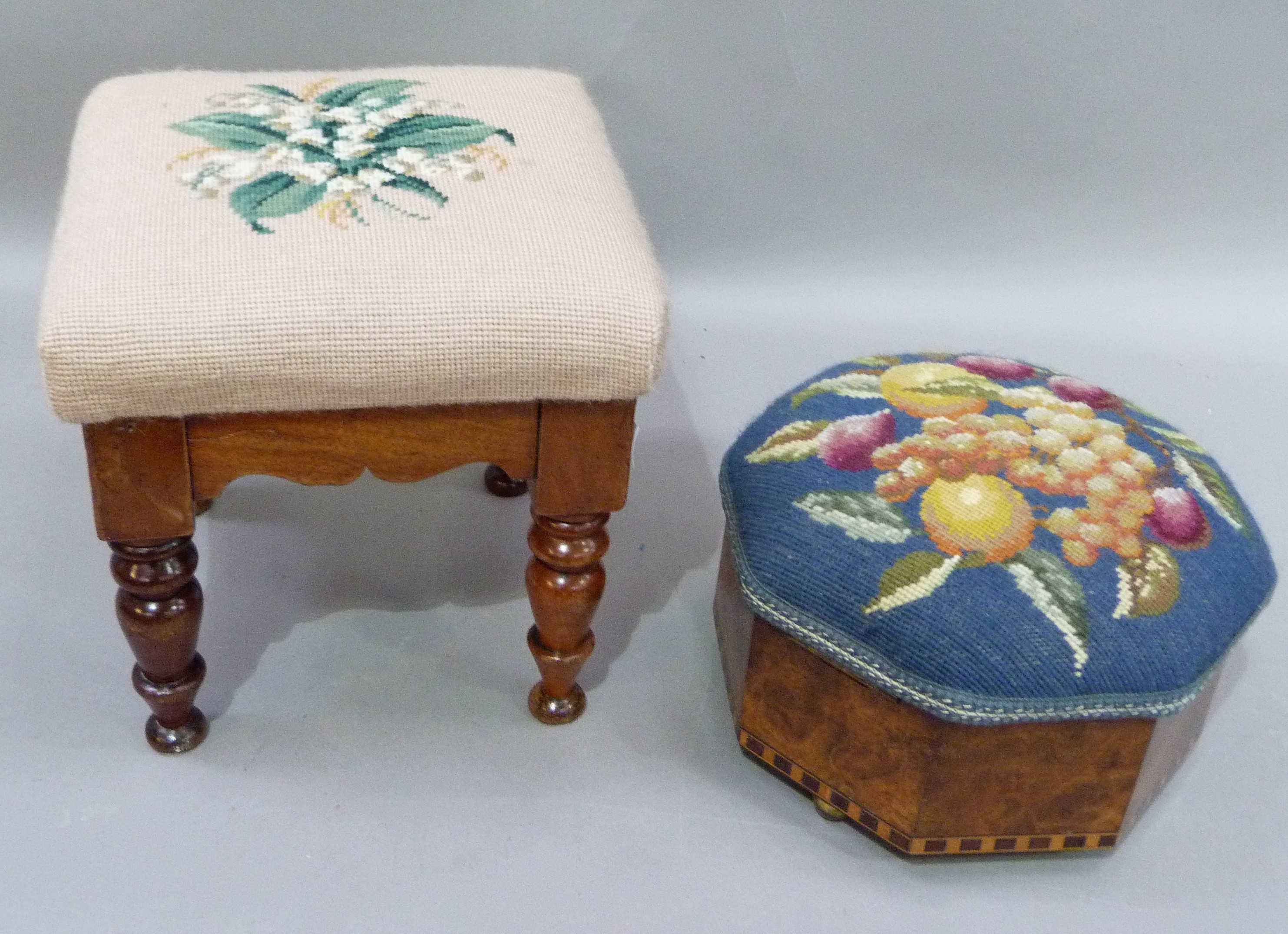 A Victorian stool of square outline on turned legs with later lily of the valley needlework cover,