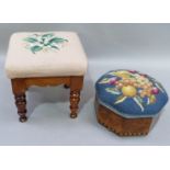 A Victorian stool of square outline on turned legs with later lily of the valley needlework cover,