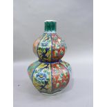 A 20th century Japanese double gourd vase of octagonal outline painted with alternating panels of
