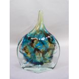 A Mdina turquoise, amber and brown swirled, clear cased flat backed vase with narrow neck, 24cm