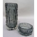 A Whitefriars, bark effect grey glass vase, cylindrical, 23cm H; together with a circular dish 5cm H