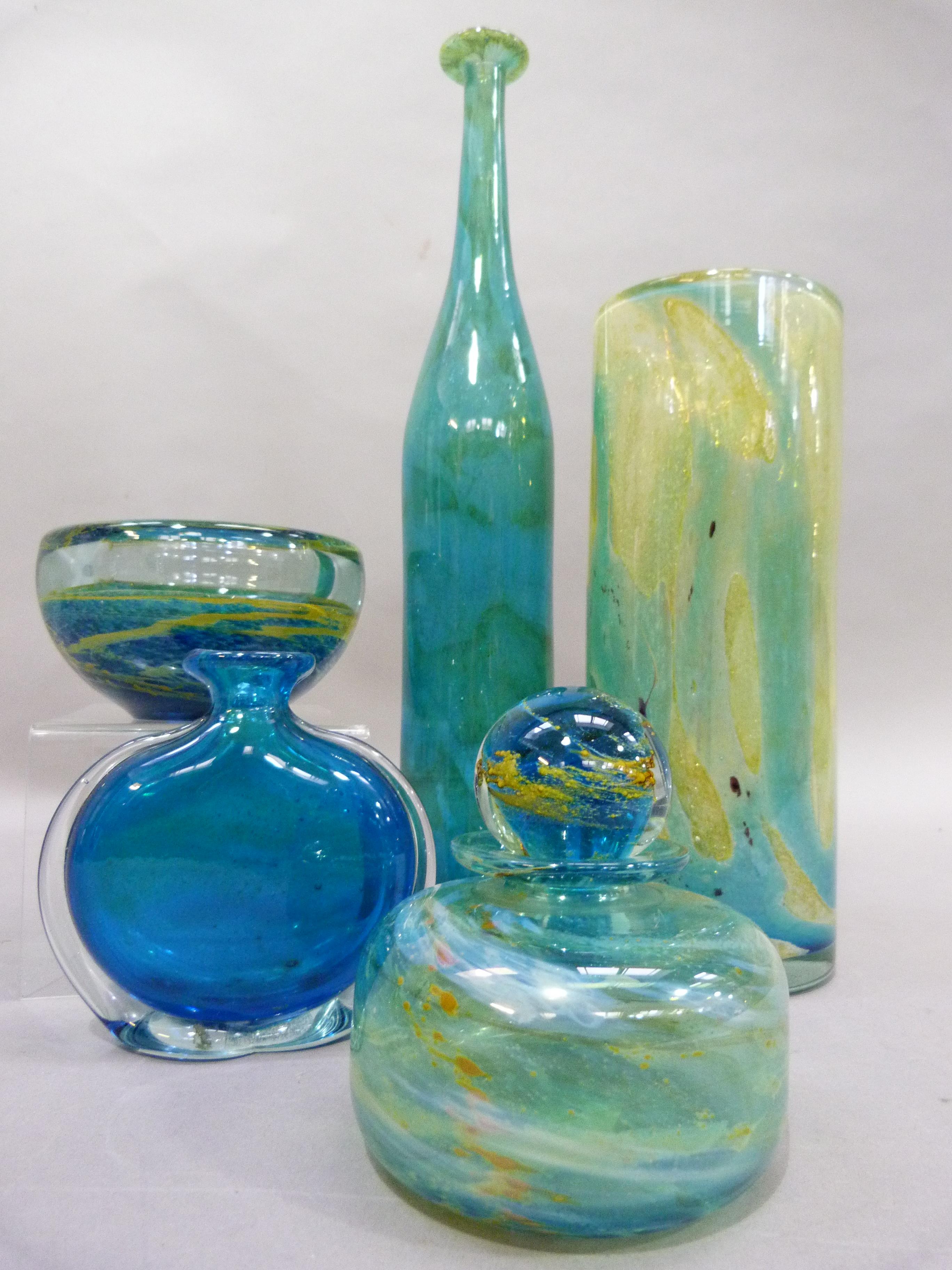 Five items of Mdina including a cologne bottle with spherical stopper, 12cm H, A blue and clear - Image 3 of 3