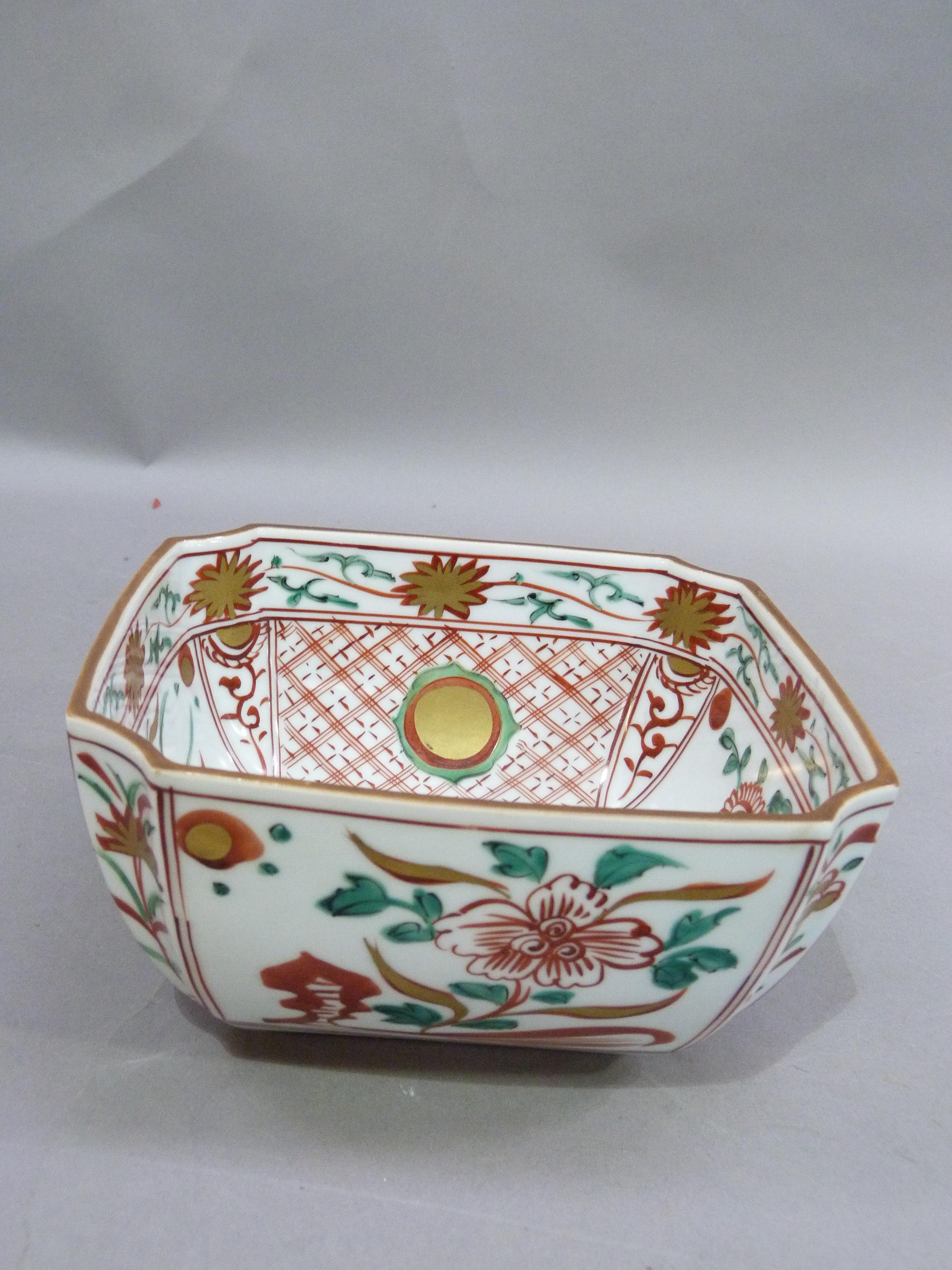 A Japanese porcelain bowl of square outline decorated in Imari palette, accompanied by a letter