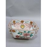 A Japanese porcelain bowl of square outline decorated in Imari palette, accompanied by a letter
