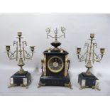 A late Victorian black slate and inlaid marble clock garniture, the clock with ornate finial,