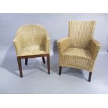 two woven wicker chairs, one of tub form the other with rectangular back, arms and concave front