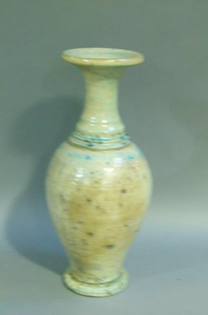 A baluster vase with everted rim, the raku glaze tinted from duck egg blue to turquoise. on circular - Image 2 of 4