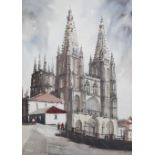 Continental cathedral and street scene with figures, watercolour over pencil, signed and dated