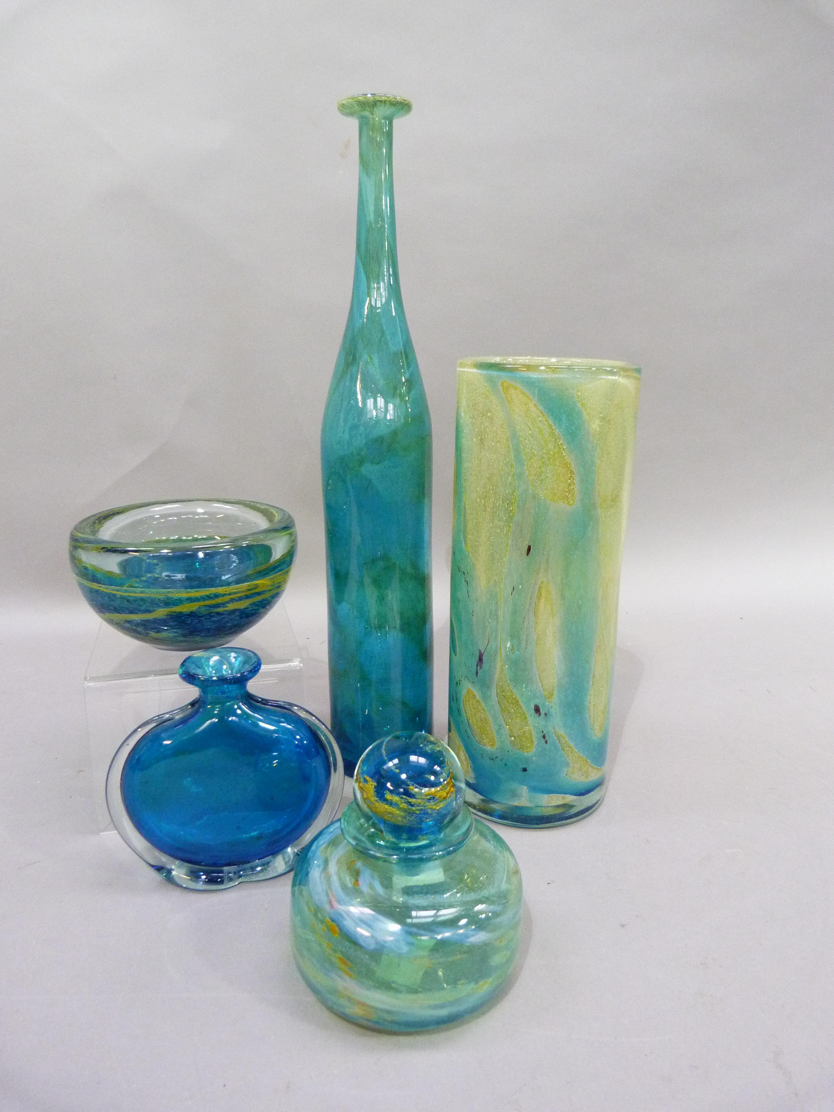 Five items of Mdina including a cologne bottle with spherical stopper, 12cm H, A blue and clear