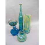 Five items of Mdina including a cologne bottle with spherical stopper, 12cm H, A blue and clear