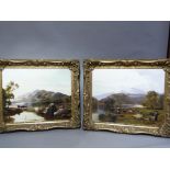A pair of reproduction prints, lake and mountain landscape with cattle watering and another