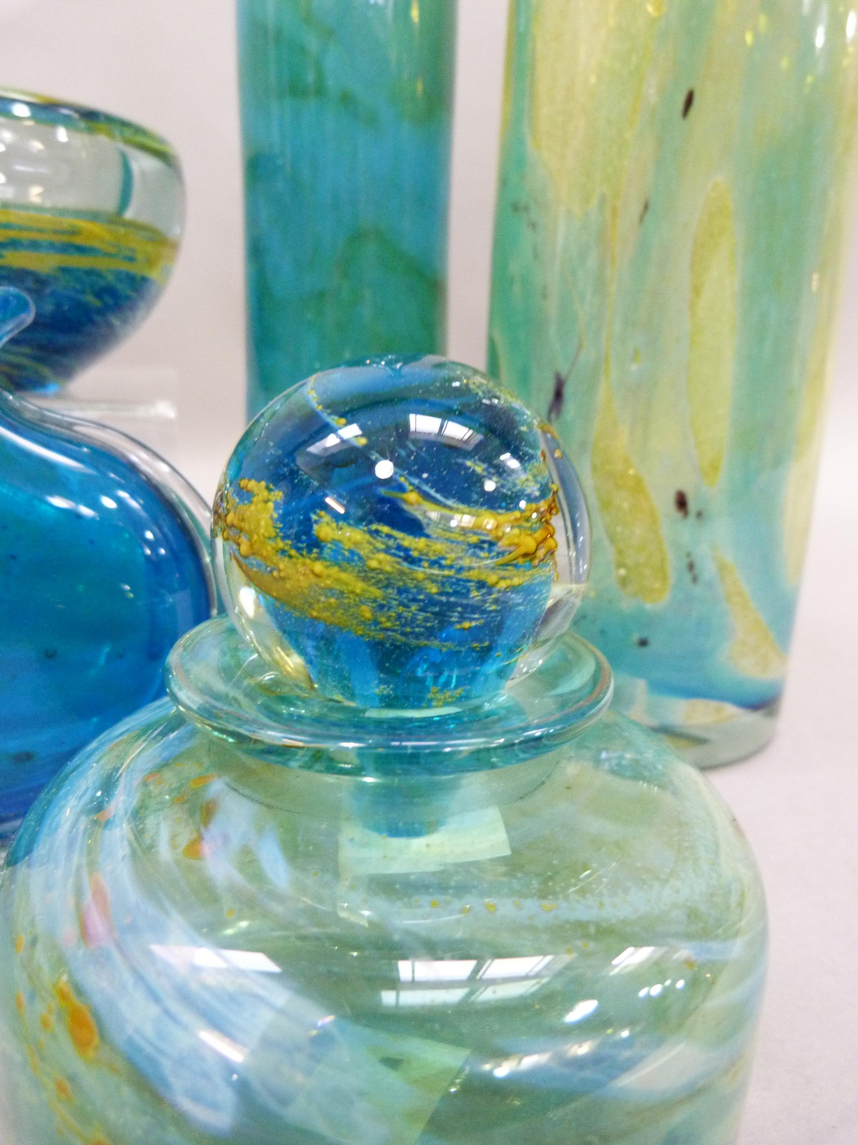 Five items of Mdina including a cologne bottle with spherical stopper, 12cm H, A blue and clear - Image 2 of 3