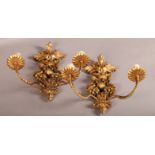 Pair of gilt plaster and metal twin wall lights, modelled as fruit and foliage, the writhen